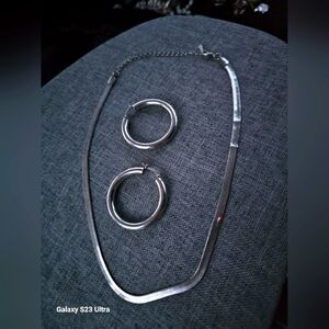 Silvertone Necklace with extender & Silvertone Earrings. Peirced
